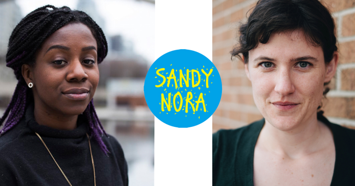 Headshots of Sandy Hudson & Nora Loreto, wiht their podcast logo in blue and yellow.