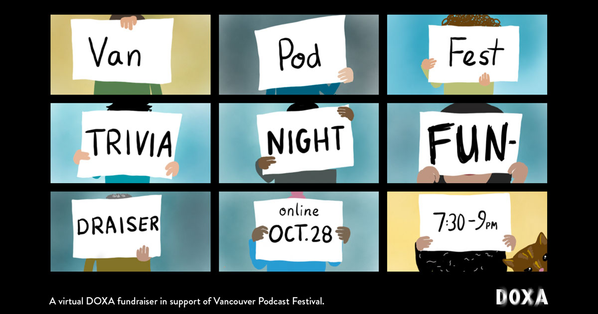 A grid of screens (as in a video call) with cartoons holding up cards that spell out: Van Pod Fest Trivia Night Fundraiser